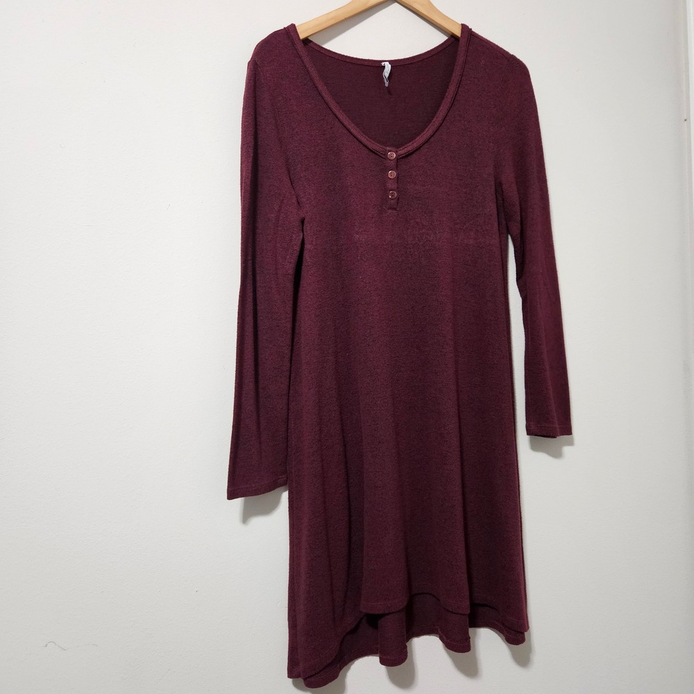 Z Supply Womens Henley Long Sleeve Mini Dress Burgundy Heathered Knit Large